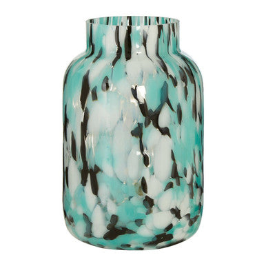 Decorative vase with a marbled pattern in turquoise, black, and white on a white background