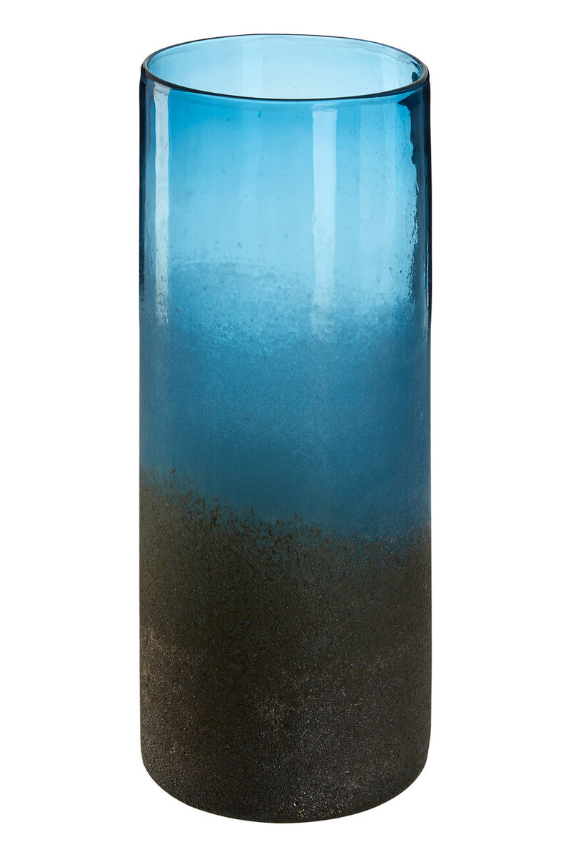 Cylindrical glass vase with blue top and black bottom on a white background