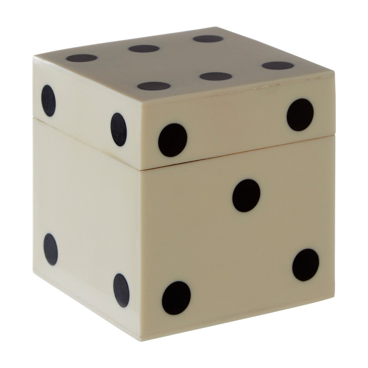 Beige dice-shaped box with black dots on a white background