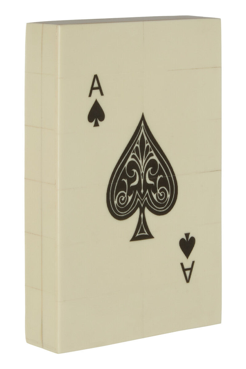 Beige playing card box with black spade symbol and &