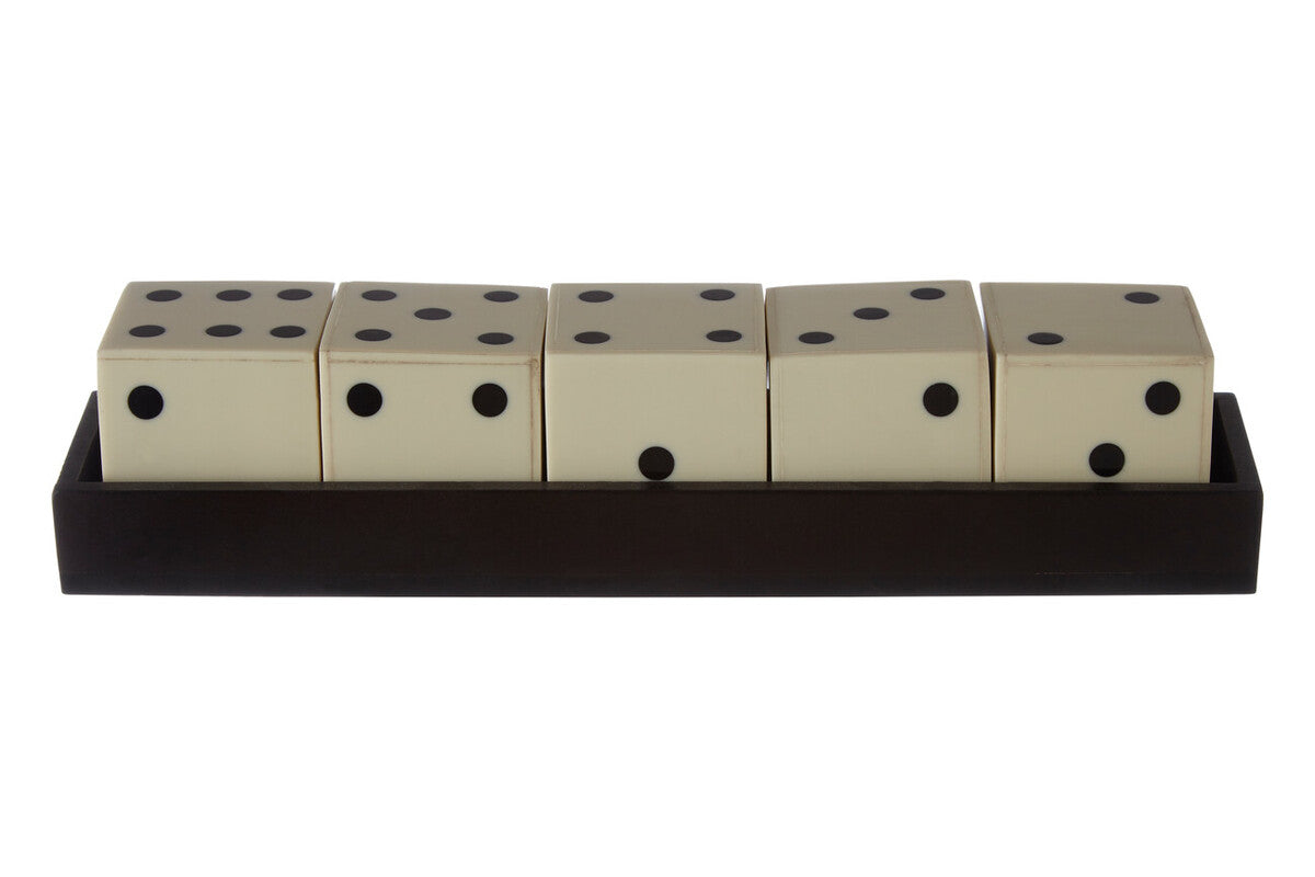 Set of five dice with black dots on a beige background