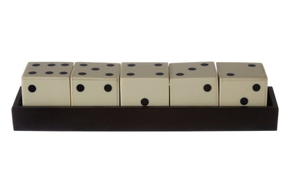 Set of five dice with black dots on a beige background