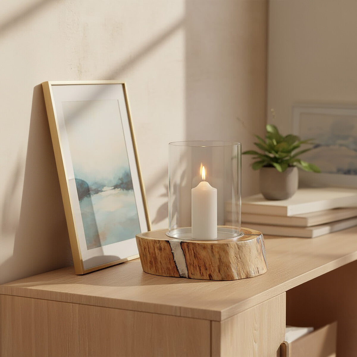 Almora Large Acacia and Glass Hurricane Candle Holder