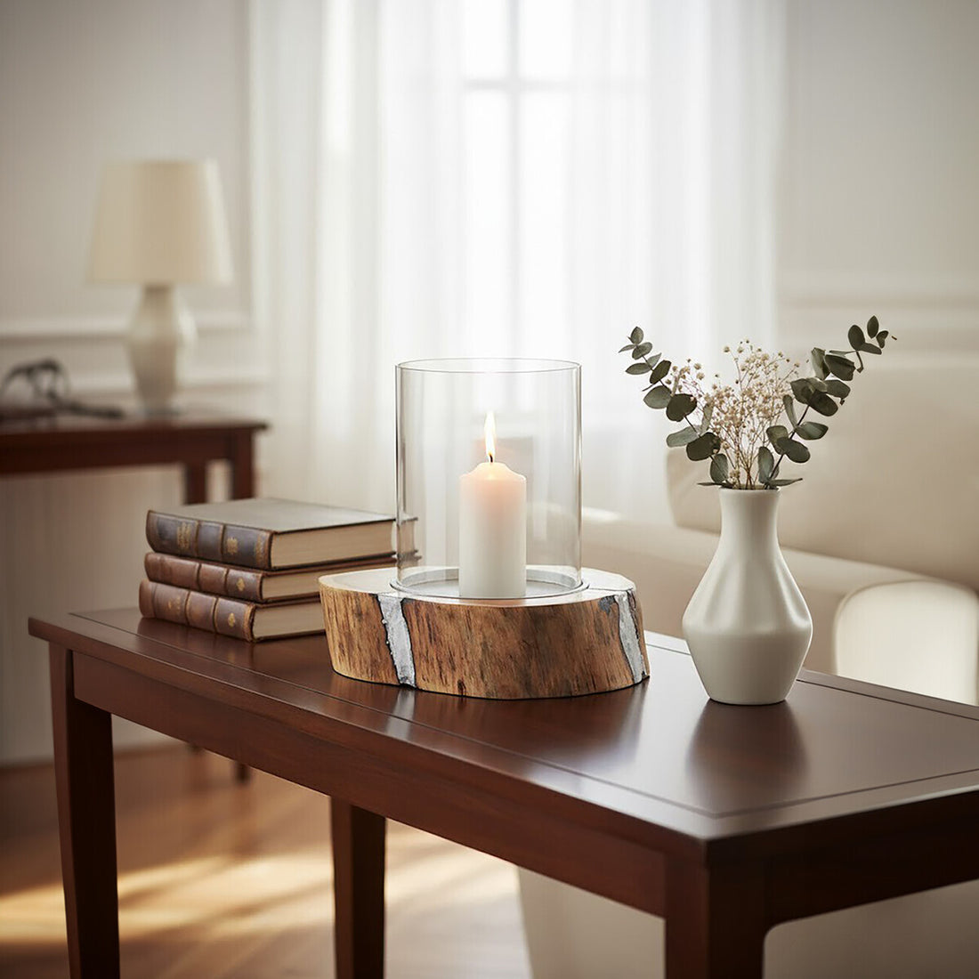 Almora Large Acacia and Glass Hurricane Candle Holder