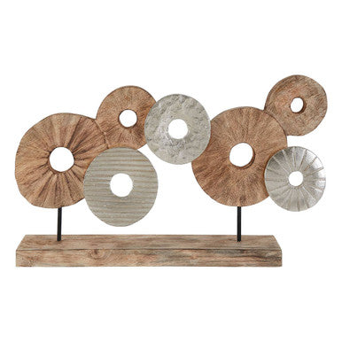 Decorative sculpture with circular wooden and metallic elements on a white background