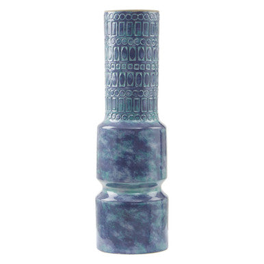 Decorative bottle with a blue and purple marbled design on a white background