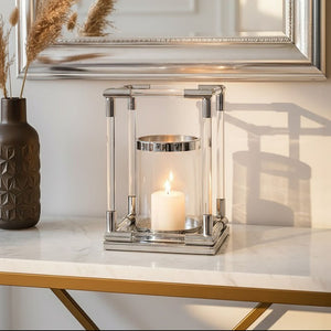 Lucita  Small Candle Holder in  Silver Finish and Acrylic