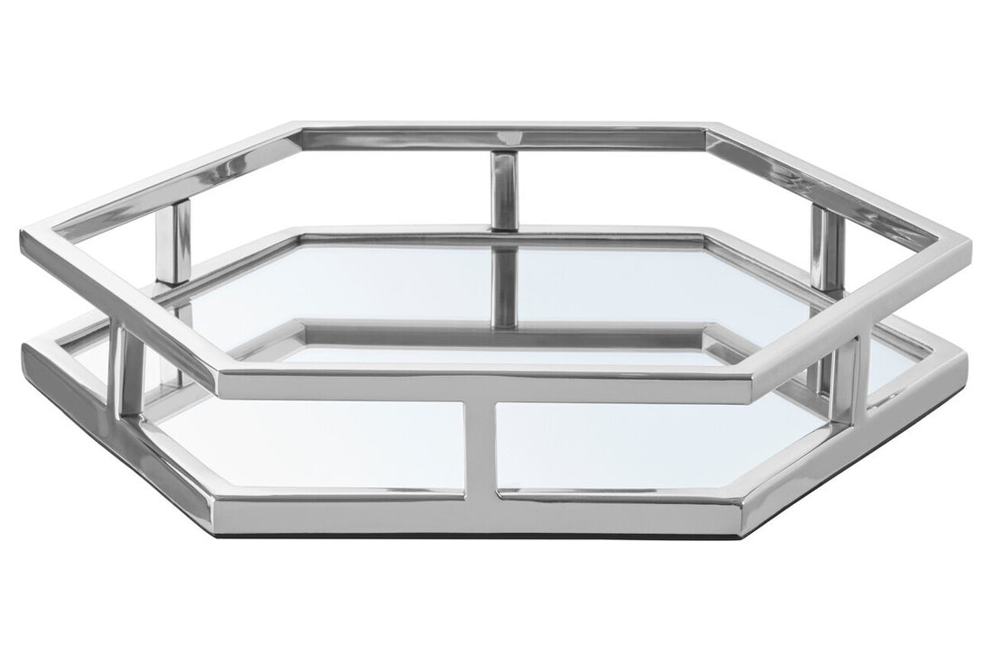 Hexagonal glass tray with metallic frame on a white background