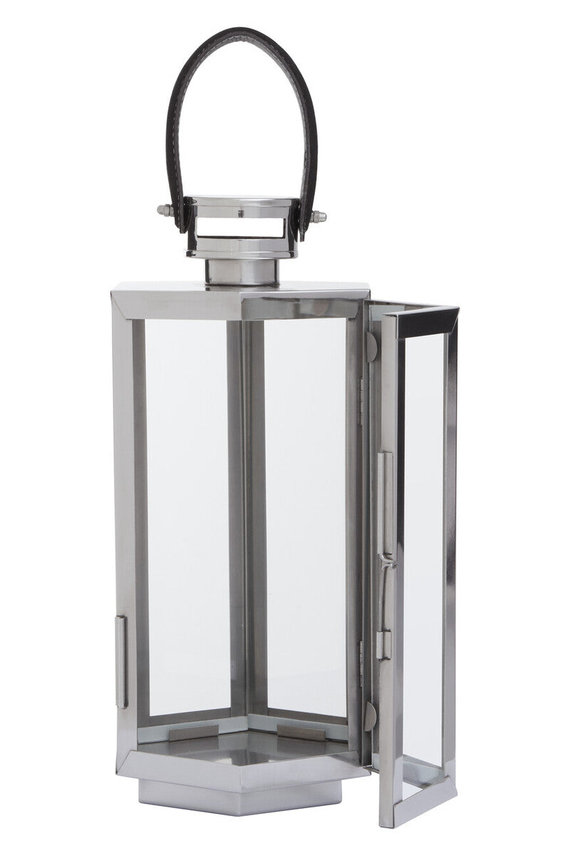 Herber Small Silver Hexagonal Lantern with Hair on Leather Handle