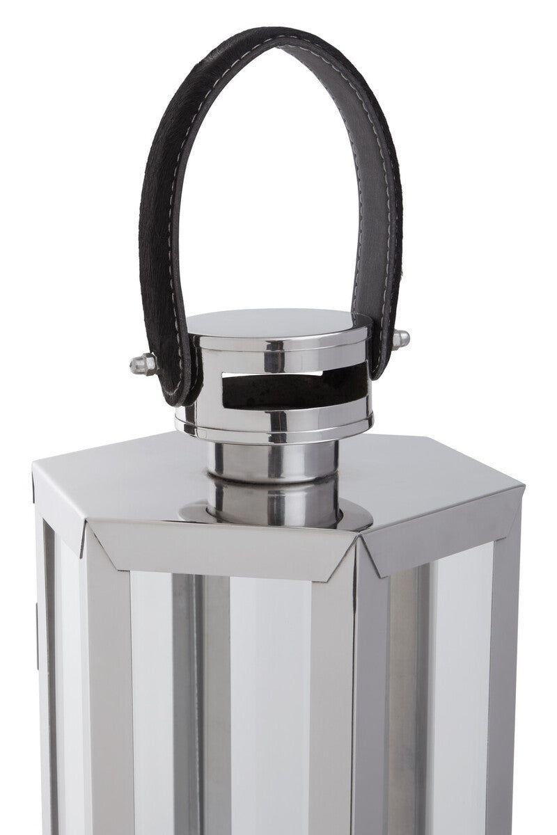 Herber Small Silver Hexagonal Lantern with Hair on Leather Handle
