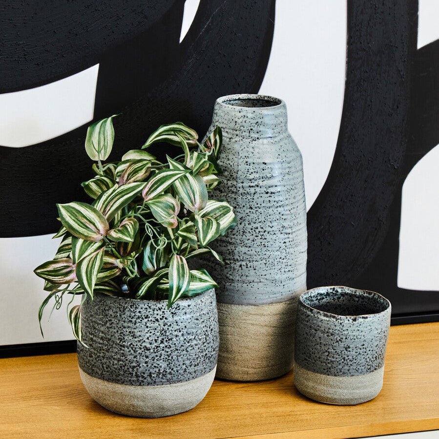 Three speckled ceramic pots with a plant on a wooden surface.