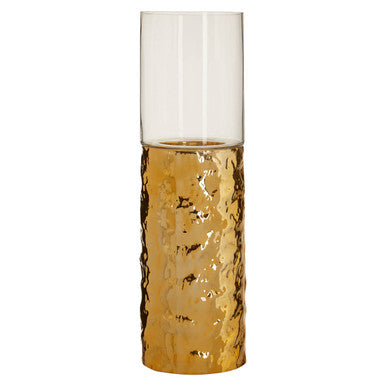 Gold cylindrical vase with a white top on a white background