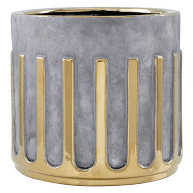 Gray planter with gold accents on a white background