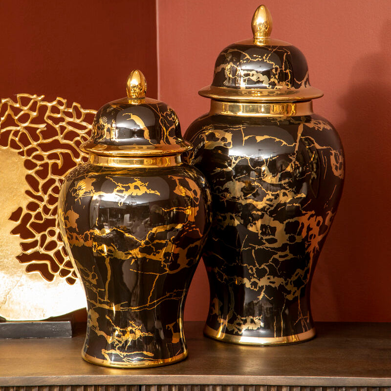 Marmo Large Marble Effect Black and Gold Ceramic Jar - Image 2