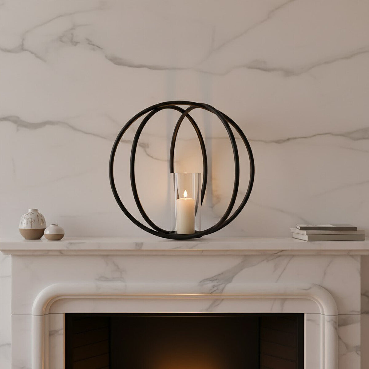 Decorative candle holder on a marble fireplace mantle