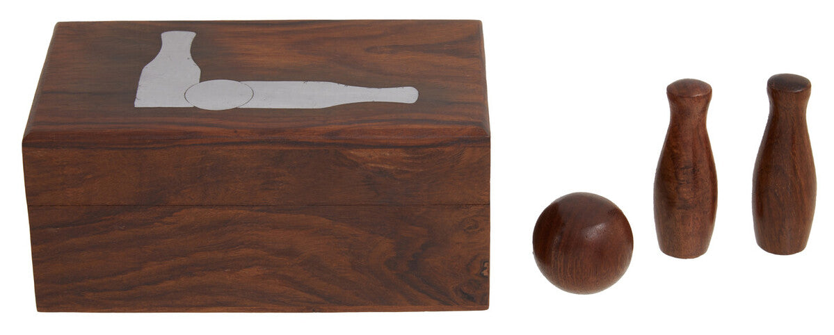 Wooden box with a silver hammer silhouette, a wooden ball, and two wooden bowling pins on a white background.