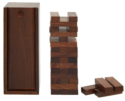 Wooden block tower game with a wooden box on a white background