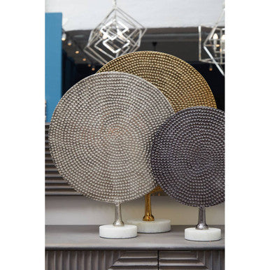 Elias Set Of Three Gold Silver And Black Hammered Metal Sculptures