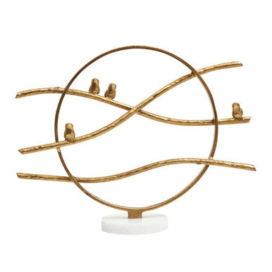 Evra Gold Hoop Bird Sculpture On White Marble Base