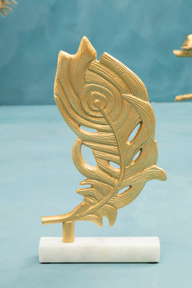 Evra Gold Peacock Feather Sculpture On White Marble Base