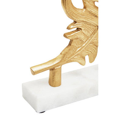 Evra Gold Peacock Feather Sculpture On White Marble Base - Image 8