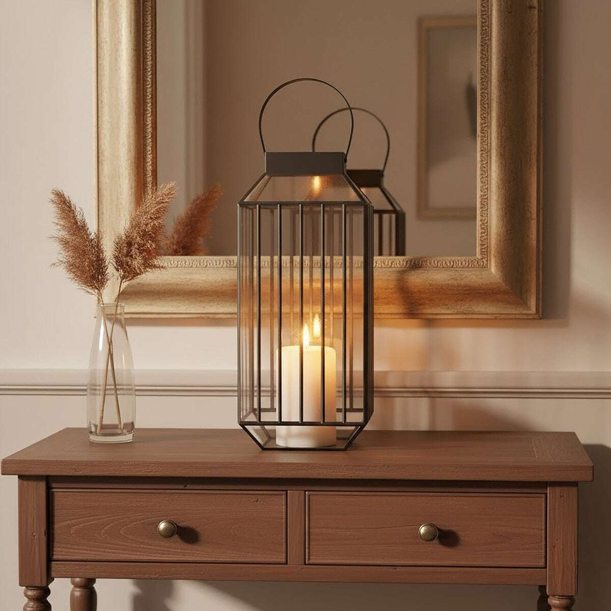 Decorative lantern with candle on a wooden table in front of a mirror
