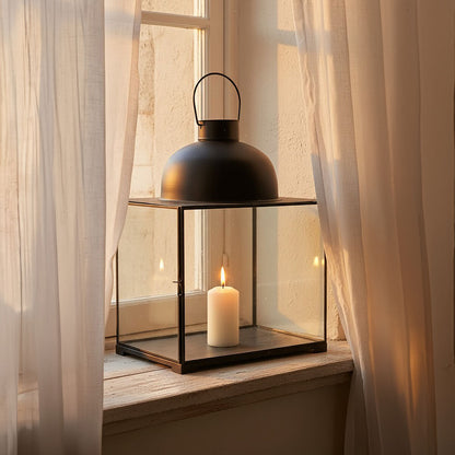 Black lantern with a lit candle on a windowsill with sheer curtains