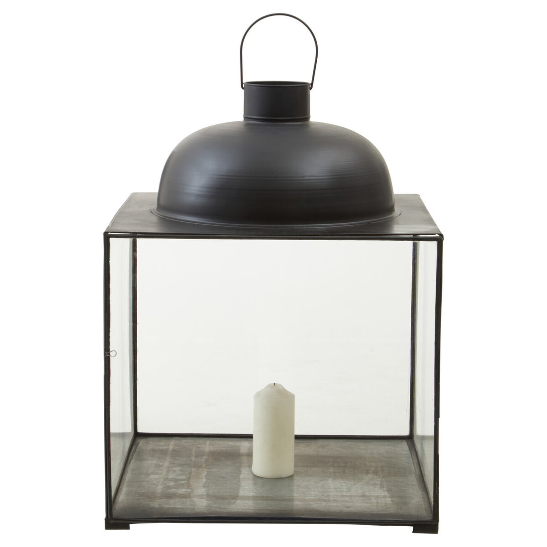 Black lantern with a white candle inside on a white background
