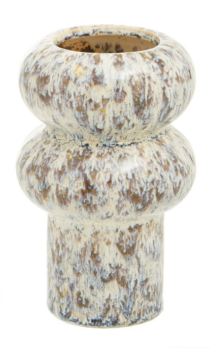 Decorative ceramic vase with a textured, multicolored finish on a white background