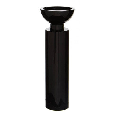 Black cylindrical vase with a wide base and narrow top on a white background