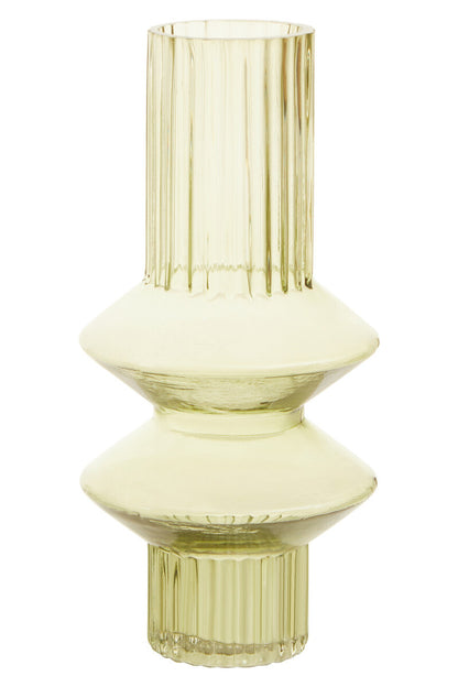 Yellow glass vase with a ribbed design on a white background