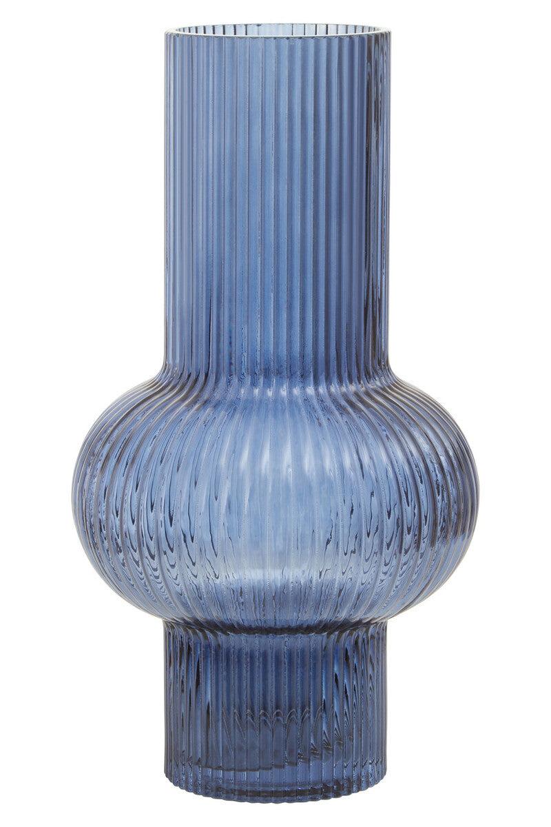 Blue ribbed vase on a white background