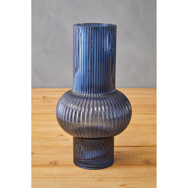 Benka Blue Ribbed Glass Vase