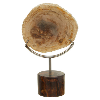 Wooden log slice on a metal stand with a wooden base on a white background