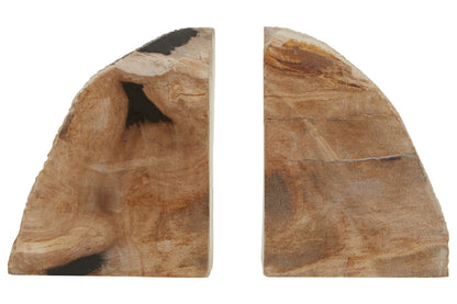 Two wooden bookends with a natural, textured finish on a white background