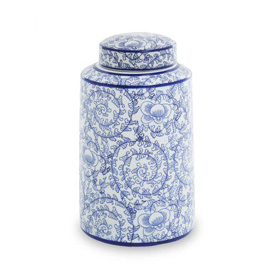 Decorative blue and white ceramic jar on a white background