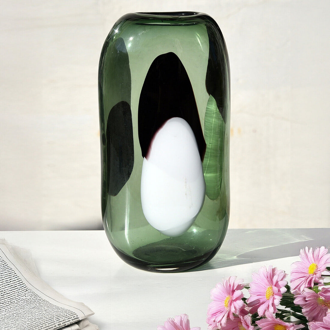 Hania Small Green Glass Vase with Abstract Pattern