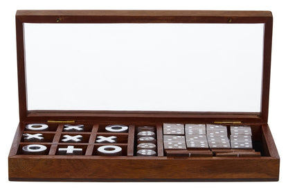 Wooden game set with checkers, dominoes, and tic-tac-toe board in a glass-top display case.