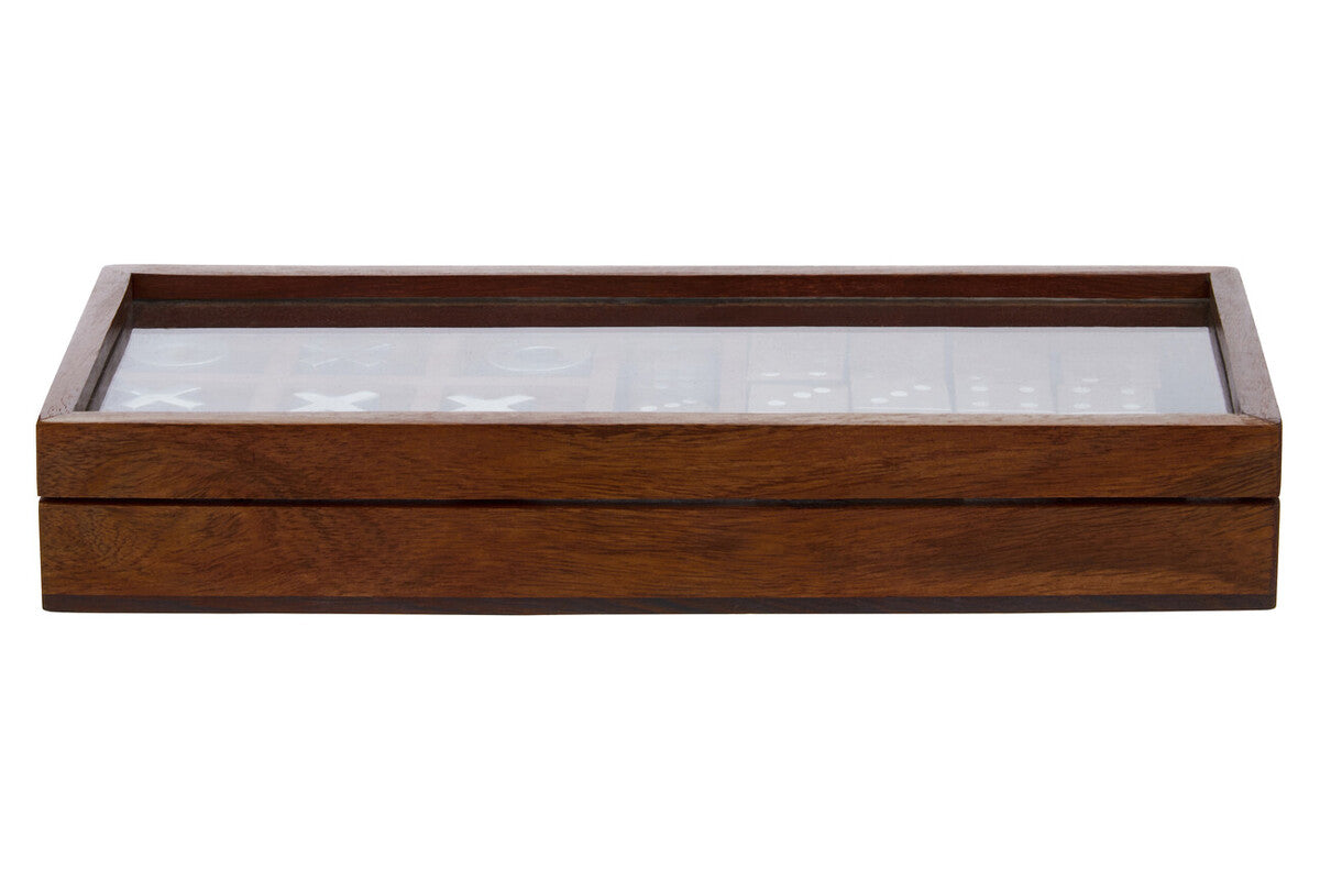 Wooden jewelry box with glass lid on a white background