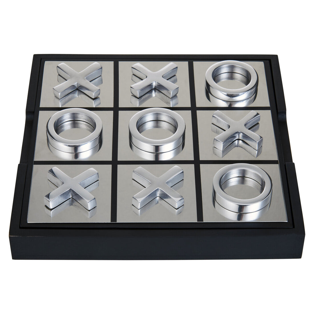 Noughts and crosses game set with metallic pieces on a white background
