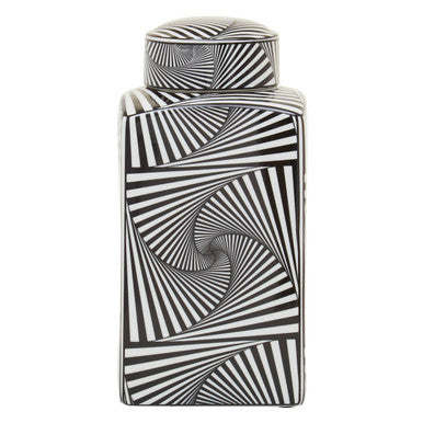 Black and white striped cylindrical container on a white background