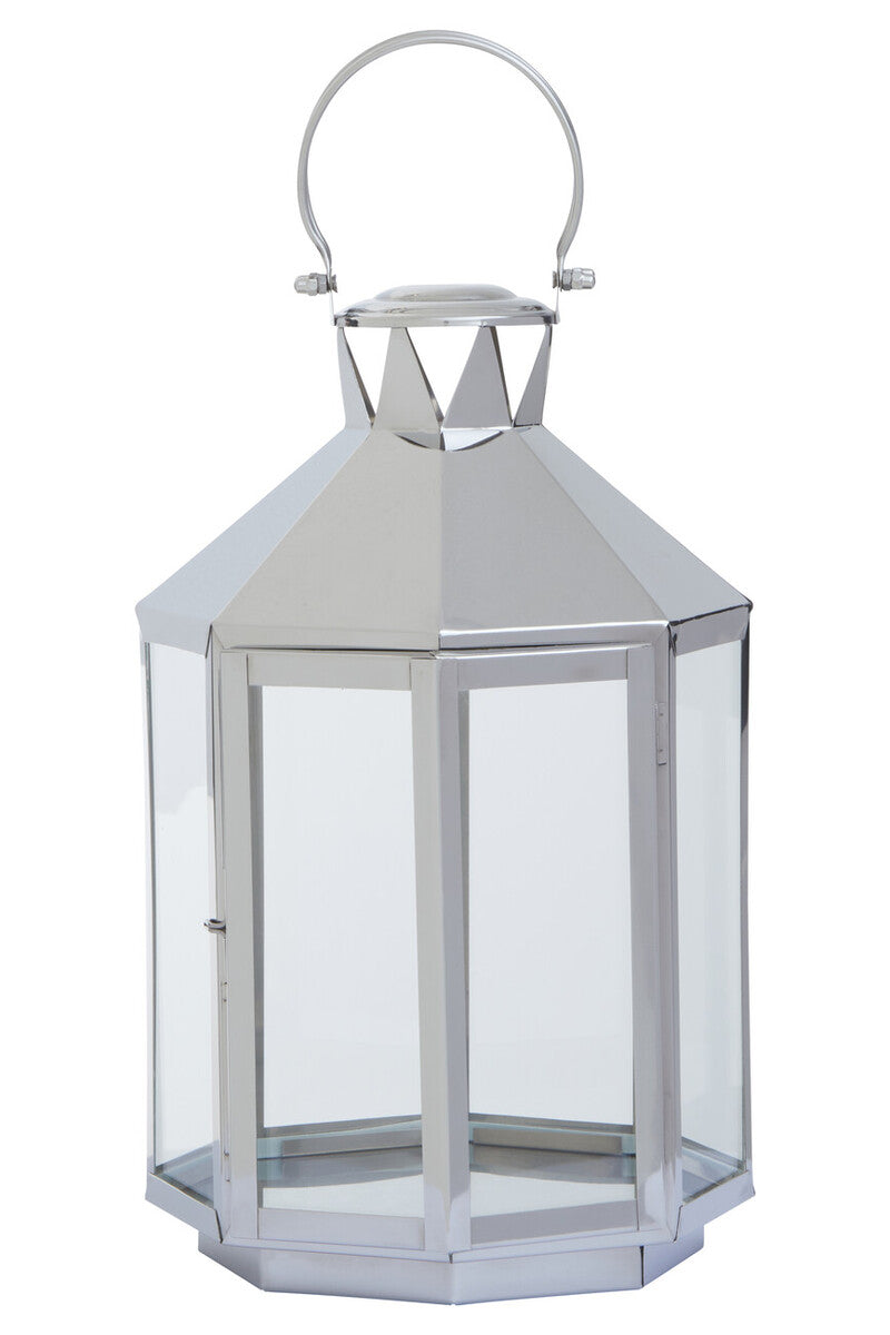 Hexagonal silver lantern with clear glass on a white background