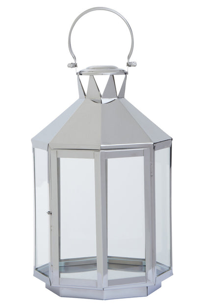Hexagonal silver lantern with clear glass on a white background