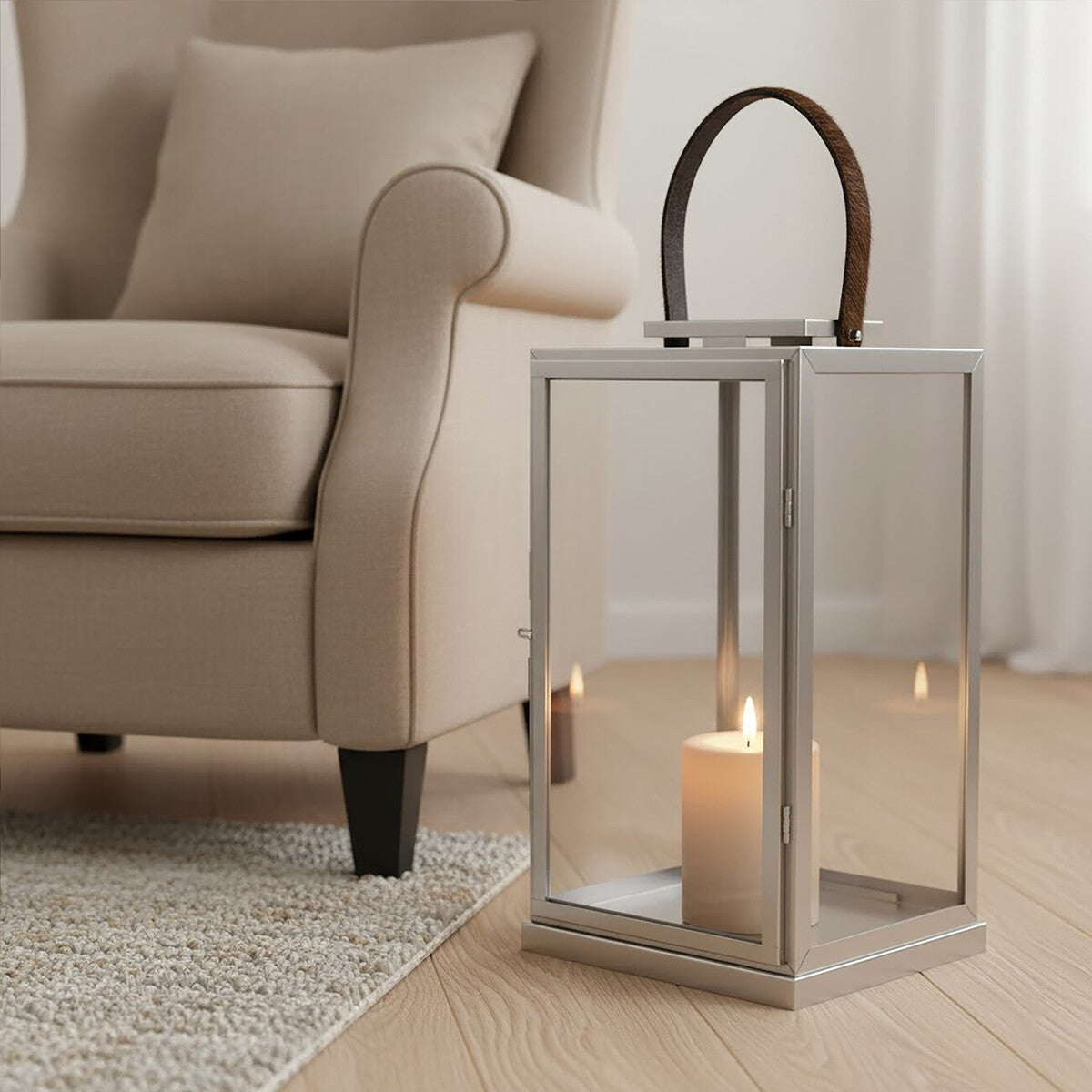 Herber Large Silver Steel With Hair On Leather Handle Lantern