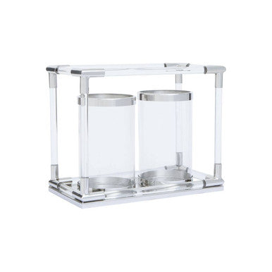 Lucita Double Silver Steel And Acrylic Candle Holder
