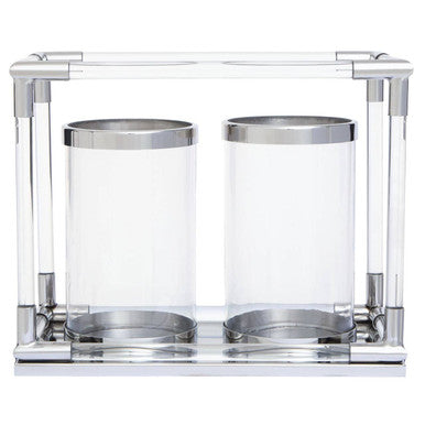 Lucita Double Silver Steel And Acrylic Candle Holder