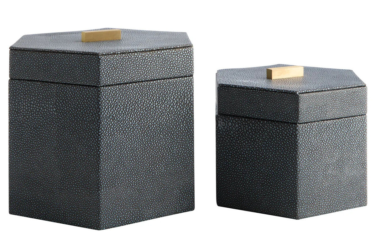 Cardona Set Of Two Hexagonal Blue Shagreen Effect Trinket Boxes