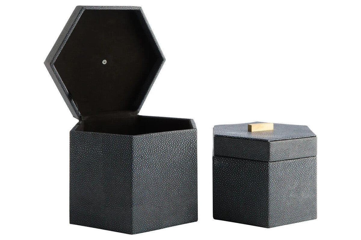 Cardona Set Of Two Hexagonal Blue Shagreen Effect Trinket Boxes