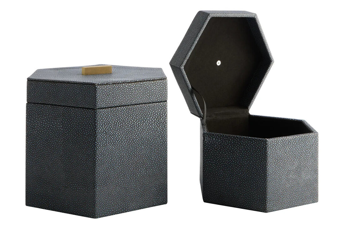 Cardona Set Of Two Hexagonal Blue Shagreen Effect Trinket Boxes