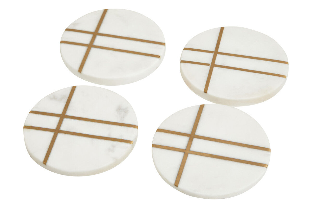 Omari Set of Four White Marble Gold Inlay Round Coasters